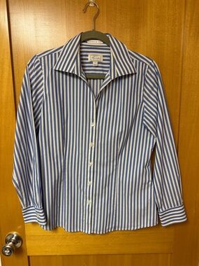 Foxcroft Blue and White Vertical Stripe Dress Shirt